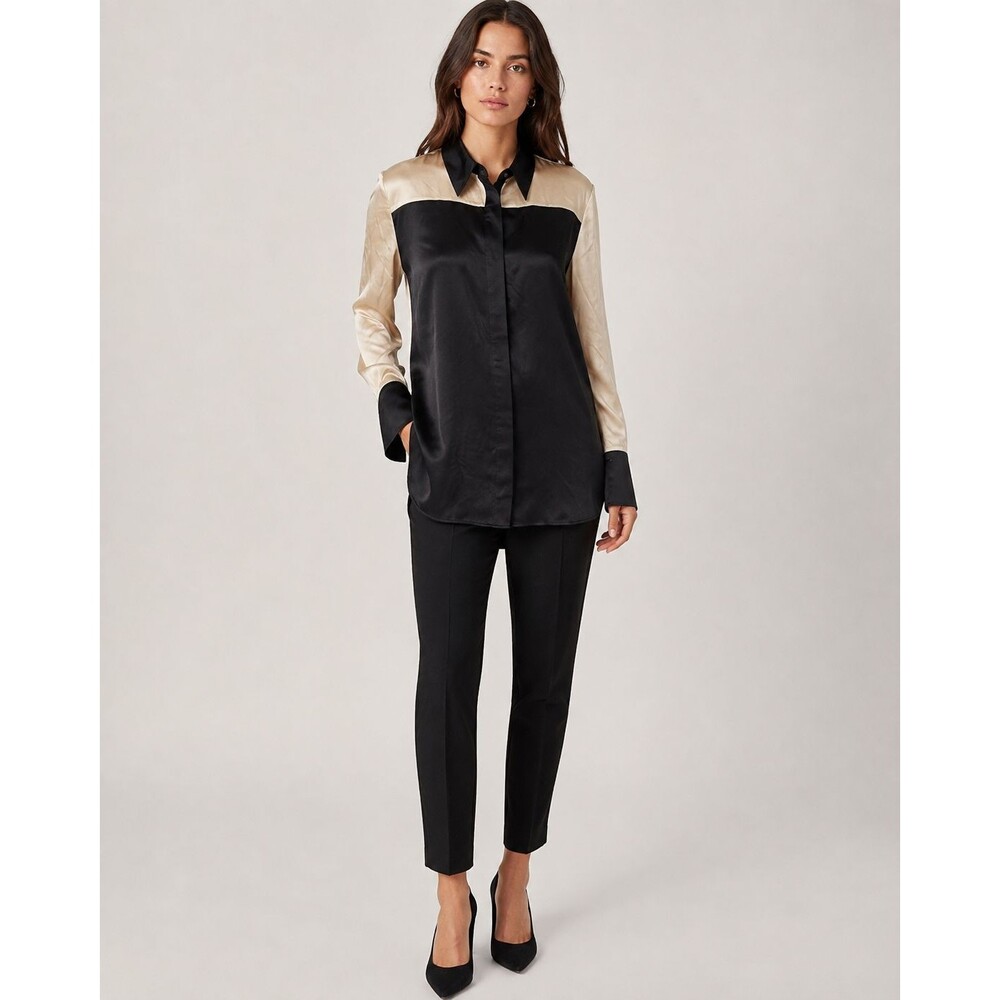 REISS Lorey 100% Silk Colorblock Blouse Black Champagne US 8 UK 12